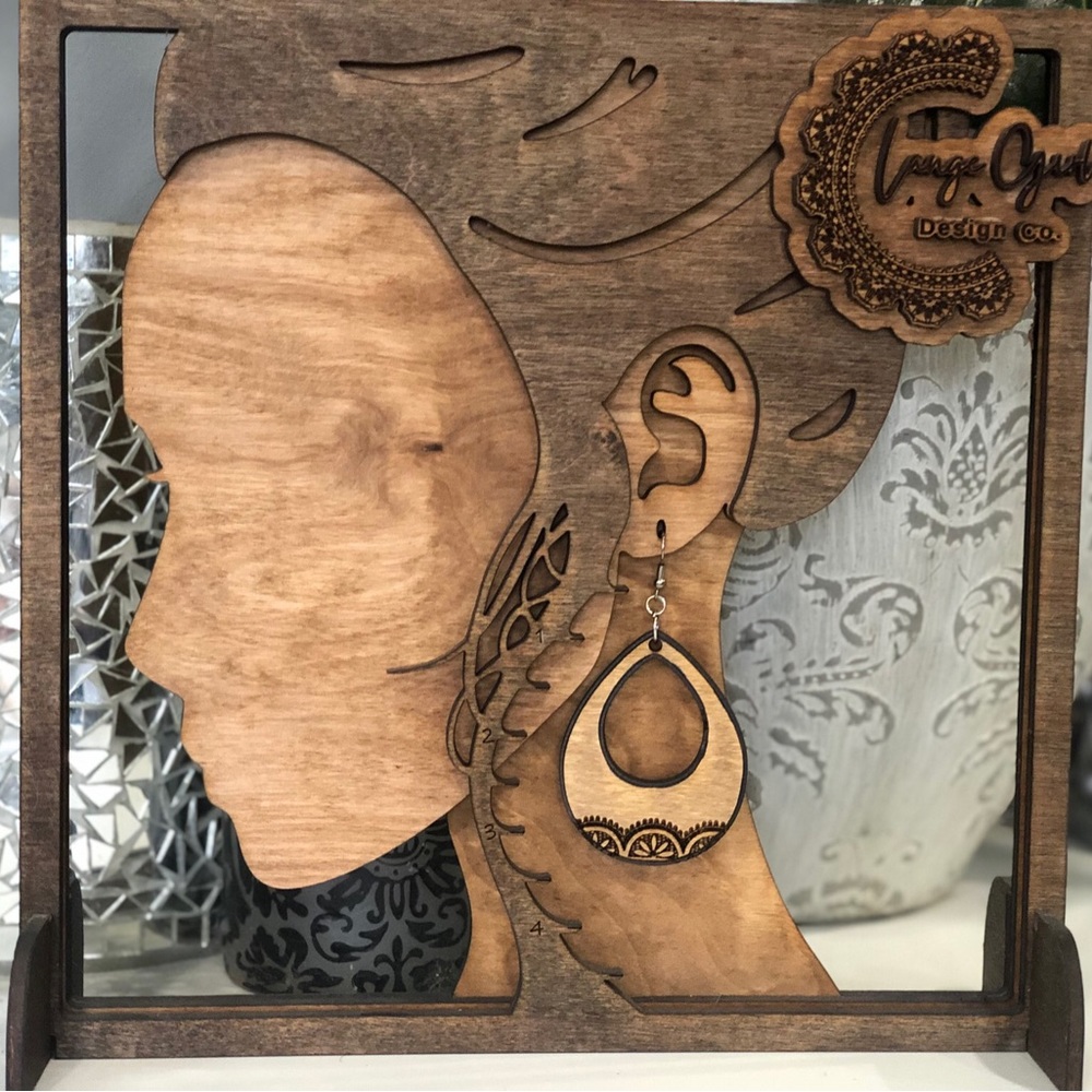 Boho lace engraved wood teardrop earrings